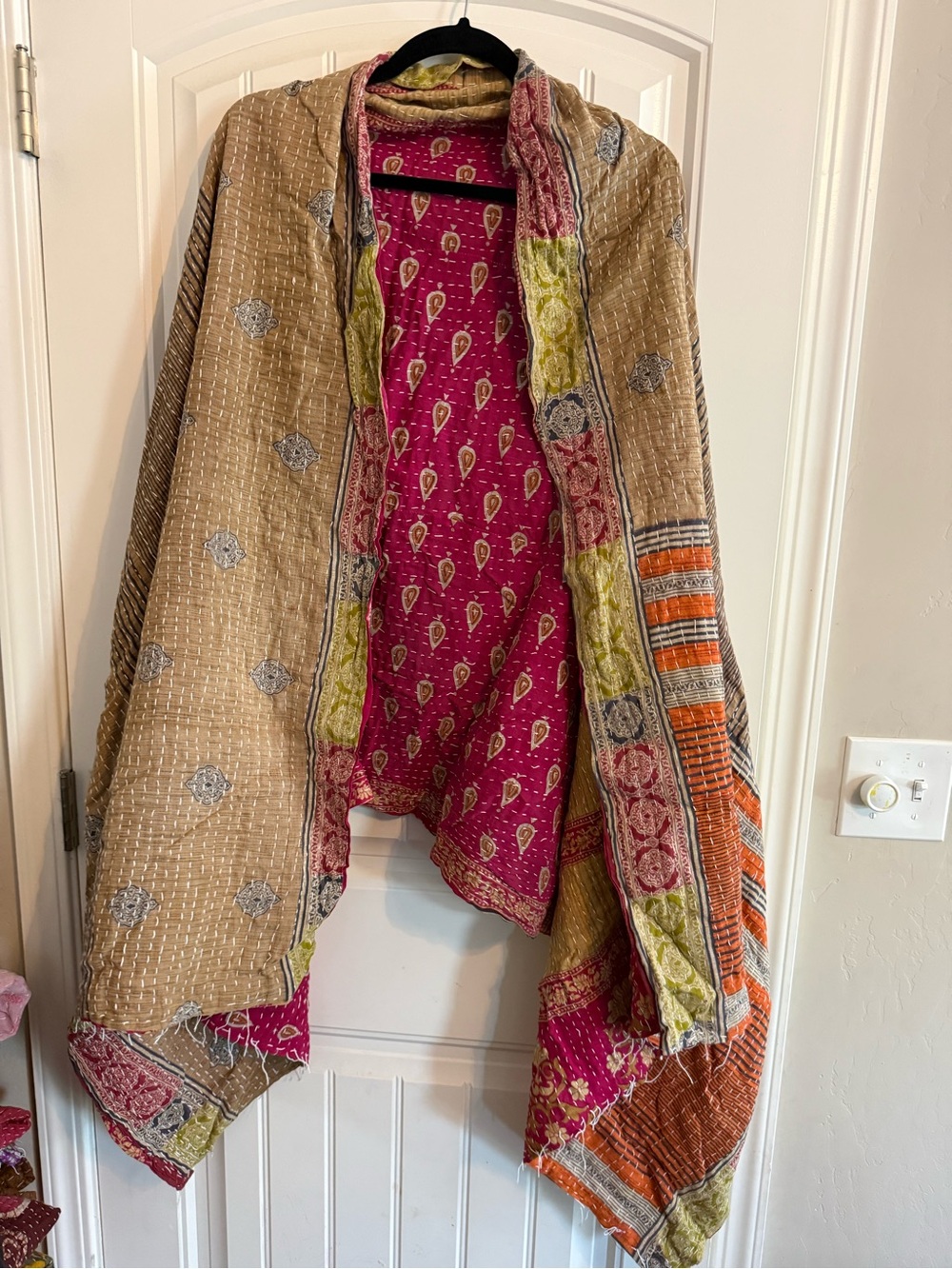 Reversible Kantha Throw Blanket / Oversized Shawl in Pink, Tan & Orange